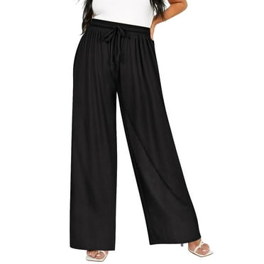 TIYOMI Plus Size Wide Leg Pants for Women Black Elastic High Waisted Pants Drawstring Casual Summer Pants With Pockets XL 14W 16W