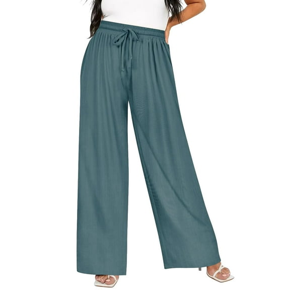 TIYOMI Plus Size Wide Leg Pants for Women Green Elastic High Waisted Pants Drawstring Casual Summer Pants With Pockets XL 14W 16W