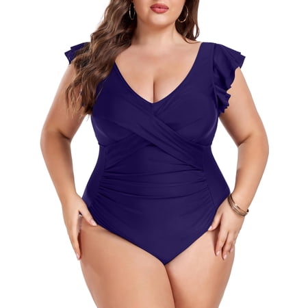 TIYOMI Plus Size Women's 2X One Piece Swimsuit Nave Blue Swimwear Ruffled Deep V Neck Swimsuit Tummy Control Bathing Suits 2XL 18W 20W