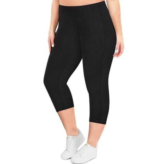 TIYOMI Plus Size Women's Black Leggings 2X Knee-Length Capri Solid Tummy Control Capris Stretchy High Waist Leggings Workout Capris 2XL 18W 20W