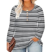 TIYOMI Plus Size Women's Black Long Sleeve Blouses 2X Button Henley Crewneck Tops Christmas Totem Printing Shirts Color Block Pullover Xmas Tunics Fall Winter Tee 2XL 18W 20W
