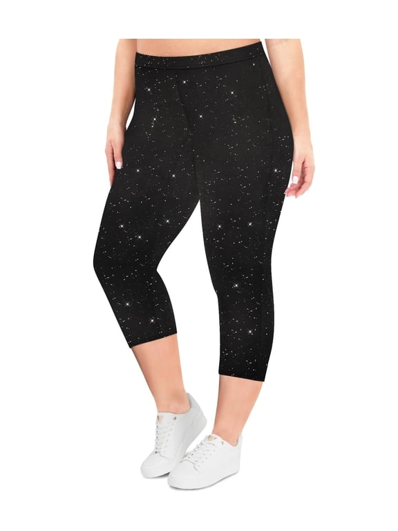 Plus Size Women's Black Sequin Leggings 2X Knee-Length Sparkle Capri Tummy Control Capris Stretchy High Waist Leggings Workout Capris 2XL 18W 20W