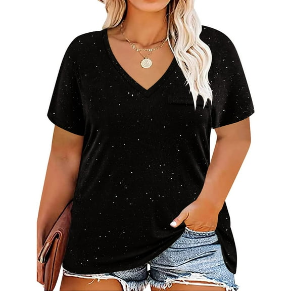 TIYOMI Plus Size Women's Black T-shirts 2X V Neck Tops Summer Glitter Shirts Short Sleeve Loose Fit Pullover 2XL 18W 20W