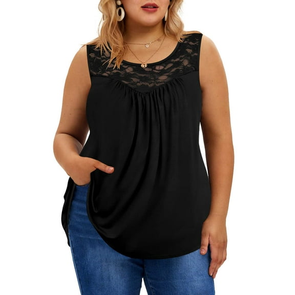 TIYOMI Plus Size Women's Black Tank Tops 2X Crewneck Tops Lace Stitching Blouse Summer Tunics 2XL 18W 20W