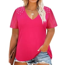 TIYOMI Plus Size Women's Chiffon Shirts 2X V Neck Tops Summer Hot Pink Pearls Shirts Short Sleeve Blouse 2XL 18W 20W