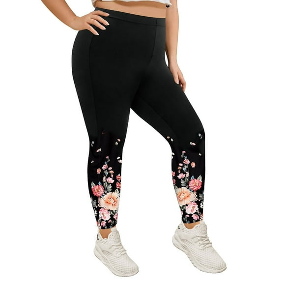 TIYOMI Plus Size Women's Floral Leggings 2X Full Length Flower Pants Stretchy High Waist Ankle Leggings Butt Fit Pants Workout Warm Fall Leggings 2XL 18W 20W