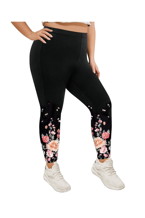 Plus Size Women's Floral Leggings 2X Full Length Flower Pants Stretchy High Waist Ankle Leggings Butt Fit Pants Workout Warm Fall Leggings 2XL 18W 20W