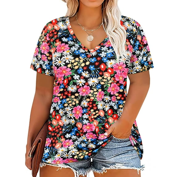 TIYOMI Plus Size Women's Floral Shirts 2X V Neck Tops Summer Graden Flower Shirts Short Sleeve Pullover Colorful Tee 2XL 18W 20W