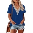 thumbnail image 1 of TIYOMI Plus Size Women's Guipure Short Sleeve Blouses 2X Lace Trim V Neck Tops Deep Blue Shirts Basic Solid Pullover Beach Tunics Summer Spring Tee 2XL 18W 20W, 1 of 3