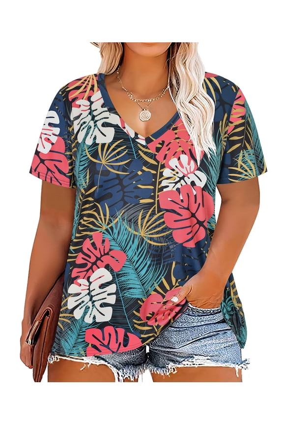 Plus Size Women's Hawaiian Leaves Shirts 2X V Neck Tops Summer Shirts Short Sleeve Pullover Tee 2XL 18W 20W