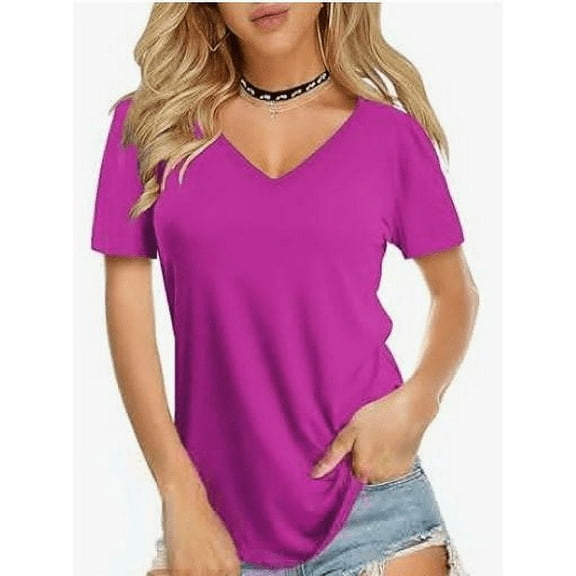 TIYOMI Plus Size Women's Hot Pink T-shirts 2X V Neck Tops Summer Purple Shirts Short Sleeve Loose Fit Pullover 2XL 18W 20W