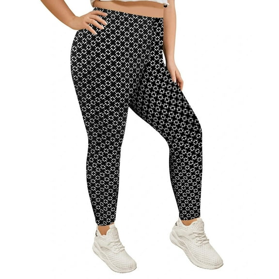 TIYOMI Plus Size Women's Leggings 2X Full Length Pants Stretchy High Waist Black Diamond Pattern Ankle Legging Butt Fit Pants Workout Warm Fall Leggings 2XL 16W-18W