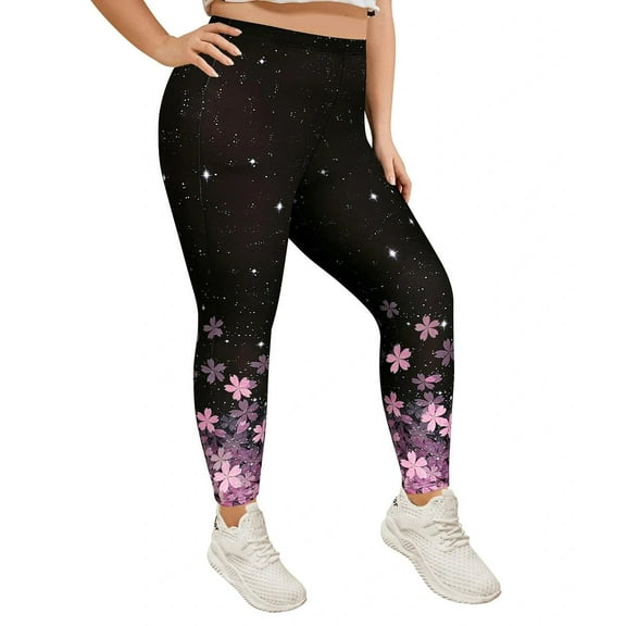 TIYOMI Plus Size Women's Leggings 2X Full Length Pants Stretchy High Waist Cherry Blossom Ankle Legging Butt Fit Pants Workout Warm Fall Leggings 2XL 16W-18W