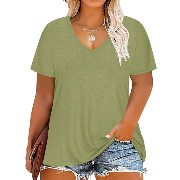 TIYOMI Plus Size Women's Light Green T-shirts 2X V Neck Tops Summer Shirts Short Sleeve Loose Fit Pullover 2XL 18W 20W
