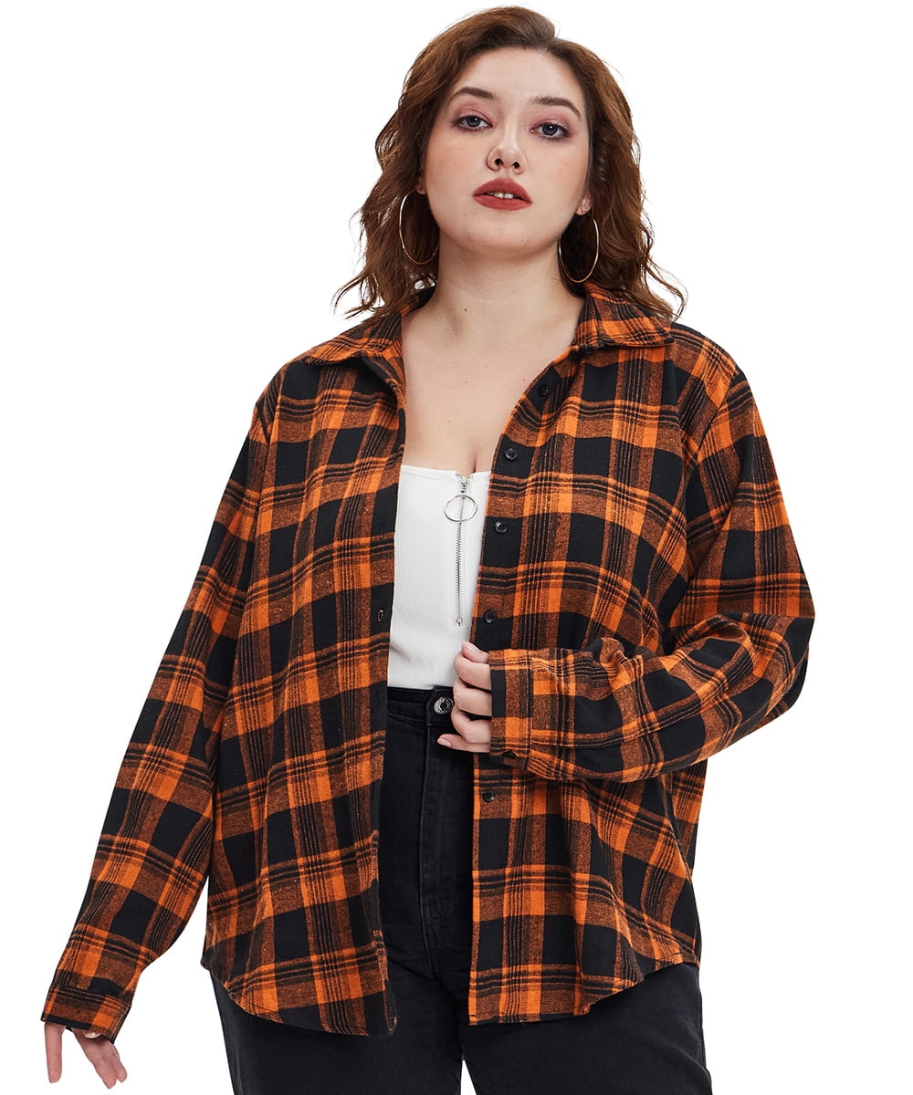 RITERA Women's Plus Size Color Block Bat Smile Tunic Top - Long Sleeve Crewneck Button-Down Blouse For Fall & Winter (Black/Orange, 2XL)