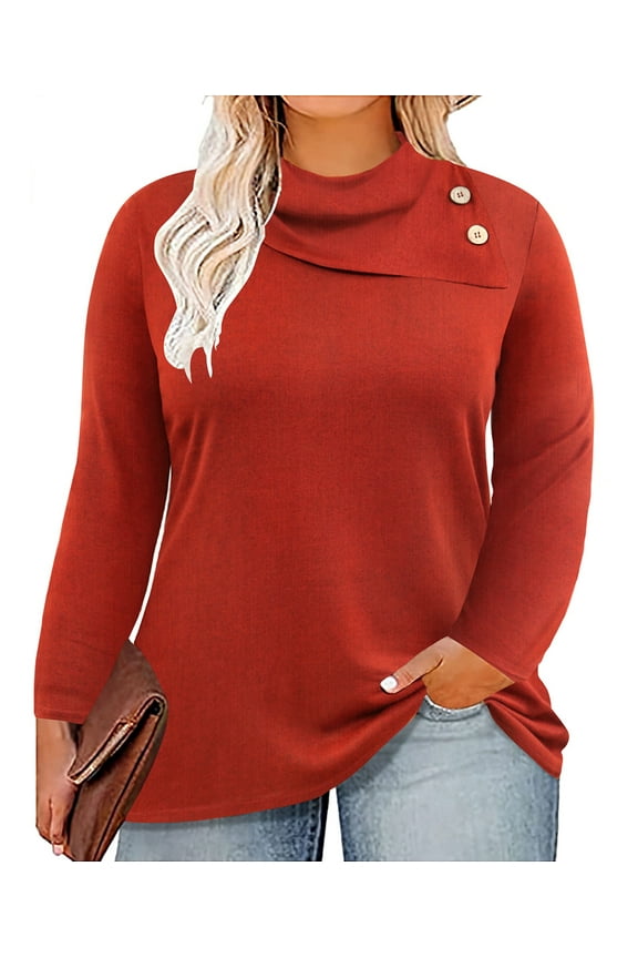 Plus Size Women's Long Sleeve Shirts 2X Cowl Neck Red Tops Button Down Blouse Solid Color Pullover Warm Stretchy Fall Winter Blouses 2XL 18W 20W