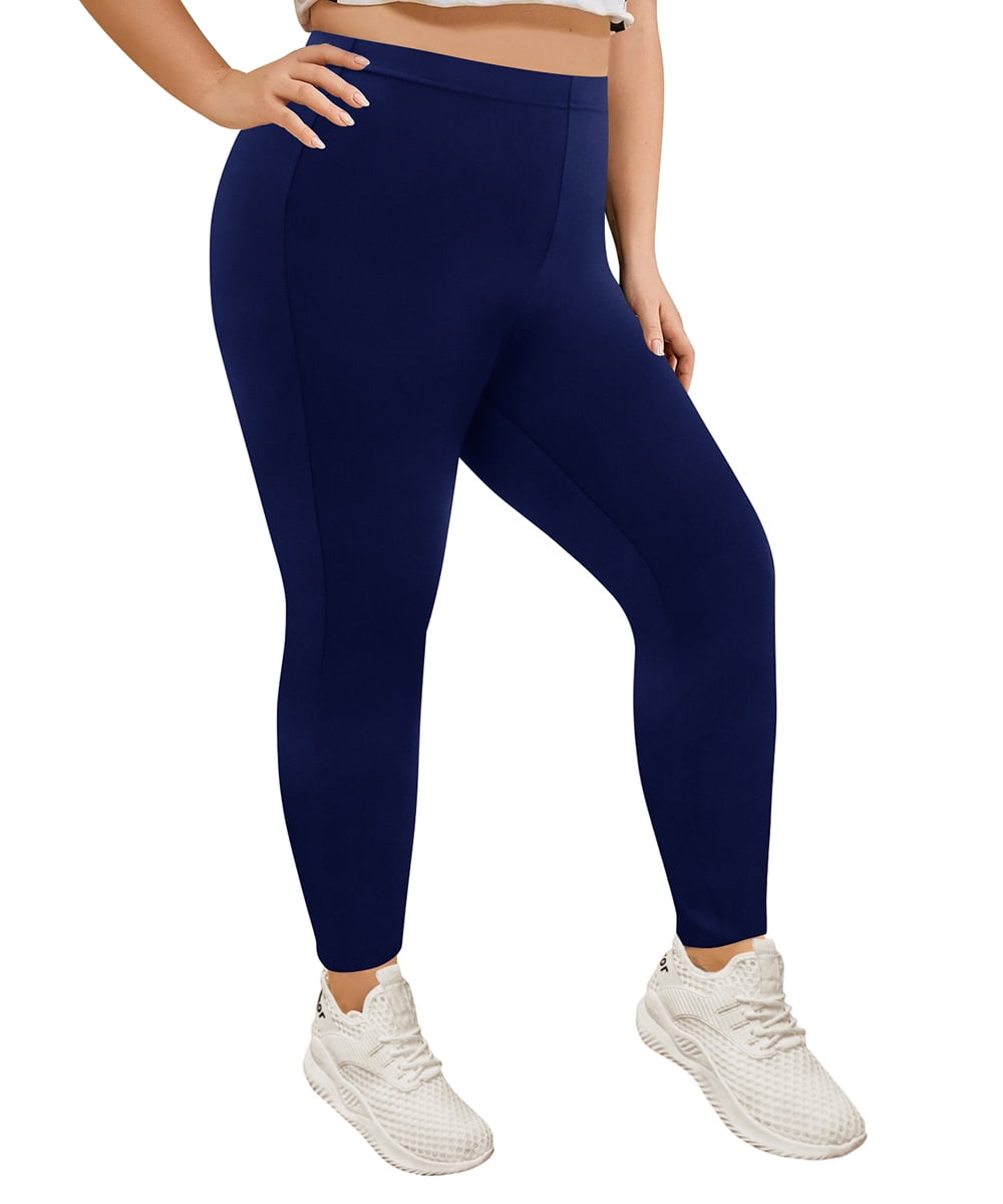 TIYOMI Plus Size Women's Navy Blue Leggings 2X Full Length Pants Stretchy  High Waist Ankle Leggings Solid Color Butt Fit Pants Workout Warm Fall