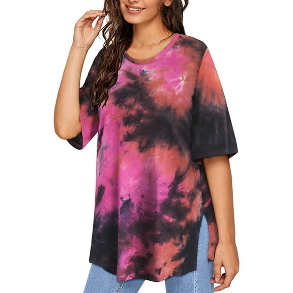 TIYOMI Plus Size Women's Oversized T-Shirts 2X Crewneck Pink Tie Dye Tops Summer Short Sleeve Shirts Basic Solid Boyfriend Tee Loose Fit Fashion Pullover 2XL 18W 20W