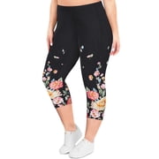 TIYOMI Plus Size Women's Placement Flower Leggings 2X Knee-Length Capri Tummy Control Capris Stretchy High Waist Leggings Workout Capris 2XL 18W 20W