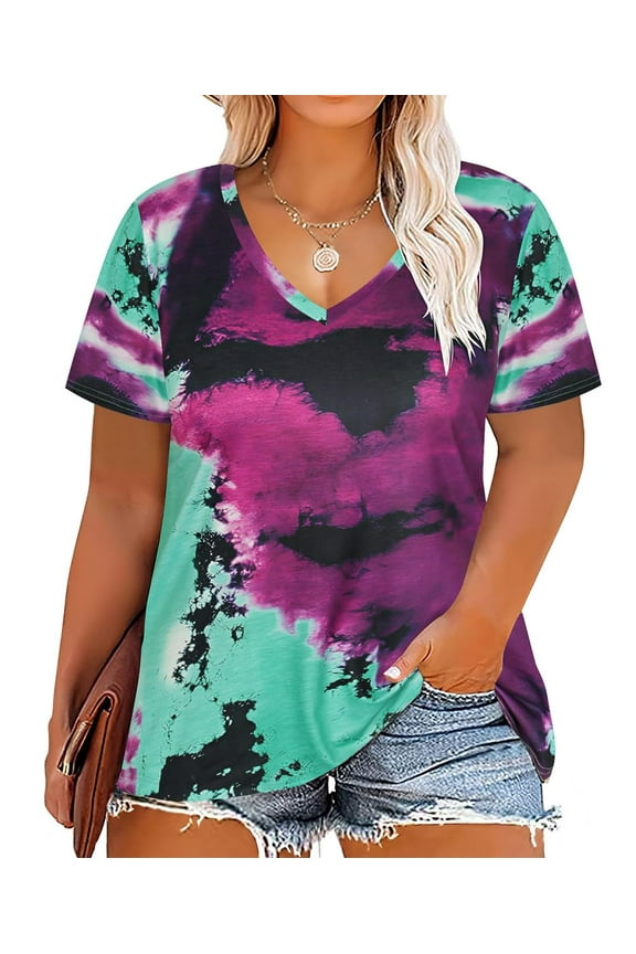 Plus Size Women's Purple Tie Dye T-shirts 2X V Neck Tops Summer Shirts Short Sleeve Loose Fit Pullover 2XL 18W 20W