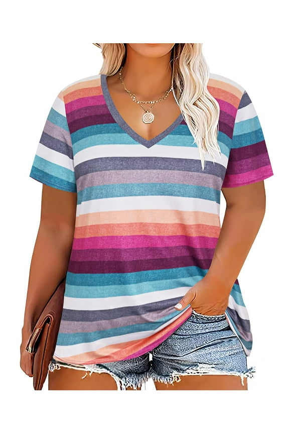 Plus Size Women's Rainbow Stripe Shirts 2X V Neck Tops Summer Button Shirts Short Sleeve Pullover Pride Month Tee 2XL 18W 20W