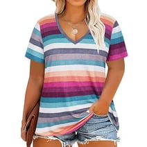 TIYOMI Plus Size Women's Rainbow Stripe Shirts 2X V Neck Tops Summer Button Shirts Short Sleeve Pullover Pride Month Tee 2XL 18W 20W
