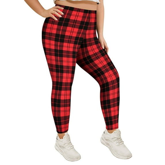 TIYOMI Plus Size Women's Red Plaid Leggings 2X Full Christmas Pants Stretchy High Waist Ankle Leggings Butt Fit Pants Workout Warm Fall Leggings 2XL 18W 20W