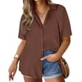 thumbnail image 1 of TIYOMI Plus Size Women's Short Sleeve Cotton Brown Shirts 2X Collared Tops Solid Coffee Button Down Blouse Summer Loose Fit Blouses 2XL 18W 20W, 1 of 3