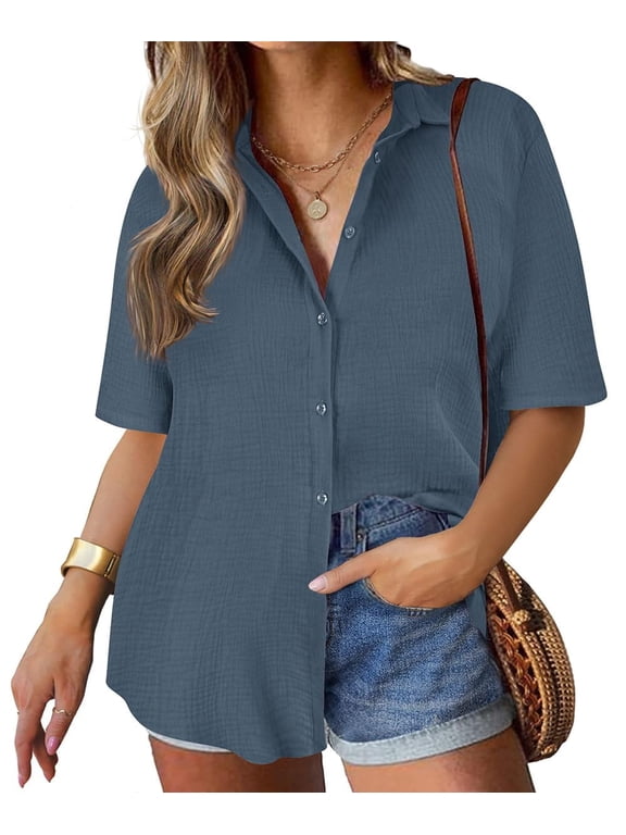 Plus Size Women's Short Sleeve Cotton Navy Blue Shirts 2X Collared Tops Solid Casual Button Down Blouse Summer Loose Fit Blouses 2XL 18W 20W