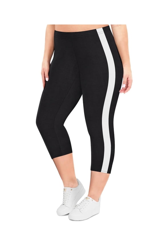 Plus Size Women's Side Stripe Leggings 2X Knee-Length Capri Tummy Control Capris Stretchy High Waist Leggings Workout Capris 2XL 18W 20W