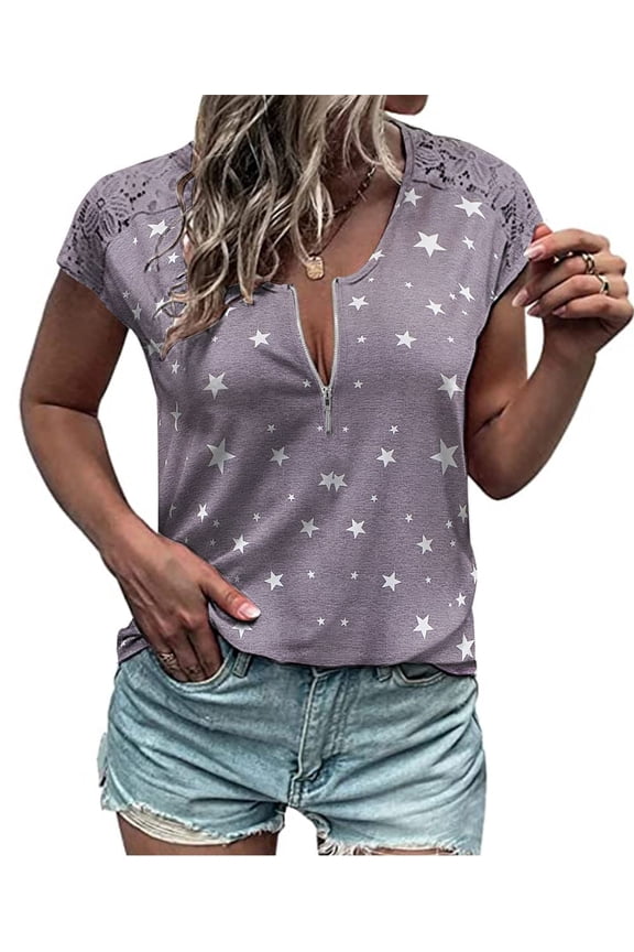 Plus Size Women's Star Shirts 2X Crewneck Tops Summer Zip Shirts Grey Lace Short Sleeve Pullover 2XL 18W 20W