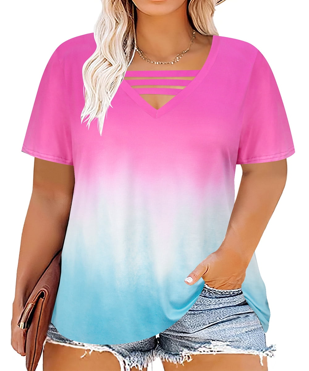 VISLILY Plus Size Women's Striped V-Neck T-Shirt - Summer Short Sleeve Tunic Top (Wine Red, 2X/20W) - View #9