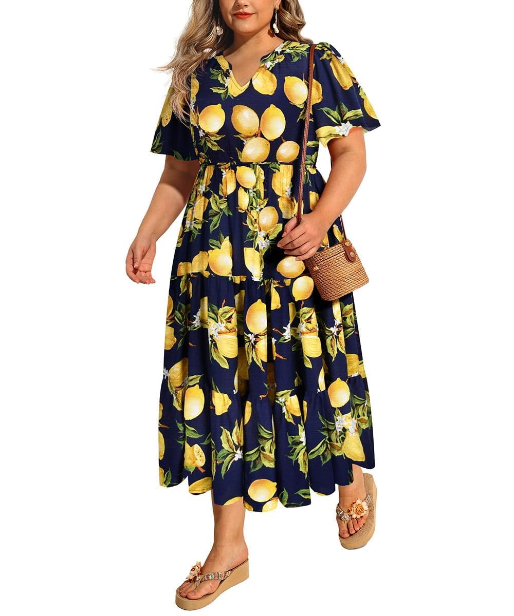 TIYOMI Women's Plus Size V-Neck Midi Dress - Short Sleeve, Pleated, With Pockets (XL-5XL) - View #6