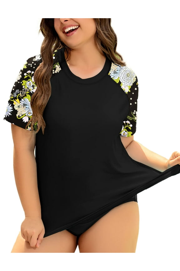 Plus Size Women's Surfing Swim Tops 2X Black Floral Raglan Short Sleeve Shirts Rash Guard Pullover UPF 50+ Sun Protection Swimsuit Tops 2XL 18W 20W