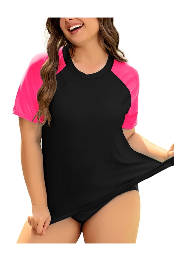 Plus Size Women's Surfing Swim Tops 2X Black Pink Raglan Short Sleeve Shirts Rash Guard Pullover UPF 50+ Sun Protection Swimsuit Tops 2XL 18W 20W