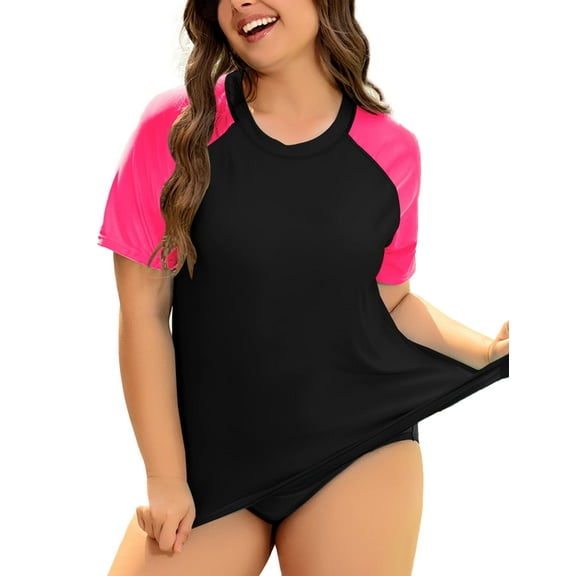 TIYOMI Plus Size Women's Surfing Swim Tops 2X Black Pink Raglan Short Sleeve Shirts Rash Guard Pullover UPF 50+ Sun Protection Swimsuit Tops 2XL 18W 20W