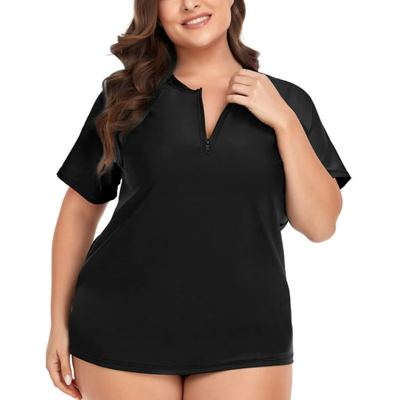 TIYOMI Plus Size Women's Surfing Swim Tops 2X Black Raglan Short Sleeve Shirts Zip Rash Guard Pullover UPF 50+ Sun Protection Swimsuit Tops 2XL 18W 20W