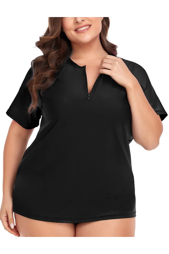 Plus Size Women's Surfing Swim Tops 2X Black Raglan Short Sleeve Shirts Zip Rash Guard Pullover UPF 50+ Sun Protection Swimsuit Tops 2XL 18W 20W