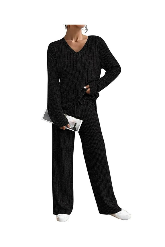 Plus Size Women's Sweater 2 Piece 2X Black Suits Solid Long Sleeve Pullover Lounge Sets Knitted Sweatersuits Fall Winter Sweater Top & Wide Leg Pants 2XL 18W 20W