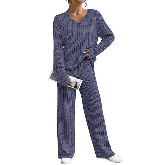 TIYOMI Plus Size Women's Sweater 2 Piece 2X Deep Blue Suits Long Sleeve Pullover Lounge Sets Knitted Sweatersuits Fall Winter Sweater Top & Wide Leg Pants 2XL 18W 20W