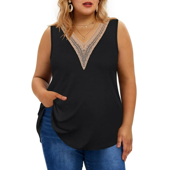 TIYOMI Plus Size Women's Tank Tops 2X Lace Trim V Neck Tank Tops Sleeveless Tops Guipure Basic Solid Tunics Summer Black Shirts Loose Fit Camisoles 2XL 18W 20W