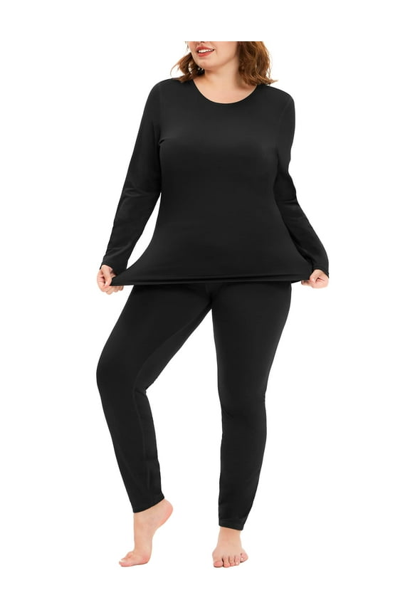 Plus Size Women's Thermal Underwear Suits Black Crewneck Thermal Tops 2X Long Johns Fleece Lined Base Layer Top and Bottom Sets Fall Winter Pajama, 2-Pack 2XL 18W 20W