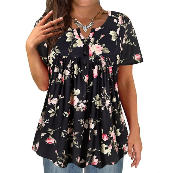 TIYOMI Plus Size Women's Tunic Tops Black Floral Short Sleeve Blouses 2X Buttons Up Henley Blouses Dressy Swing Flowy Shirts Flower Babydoll Pullover Casual Spring Summer Tunics 2XL 18W 20W