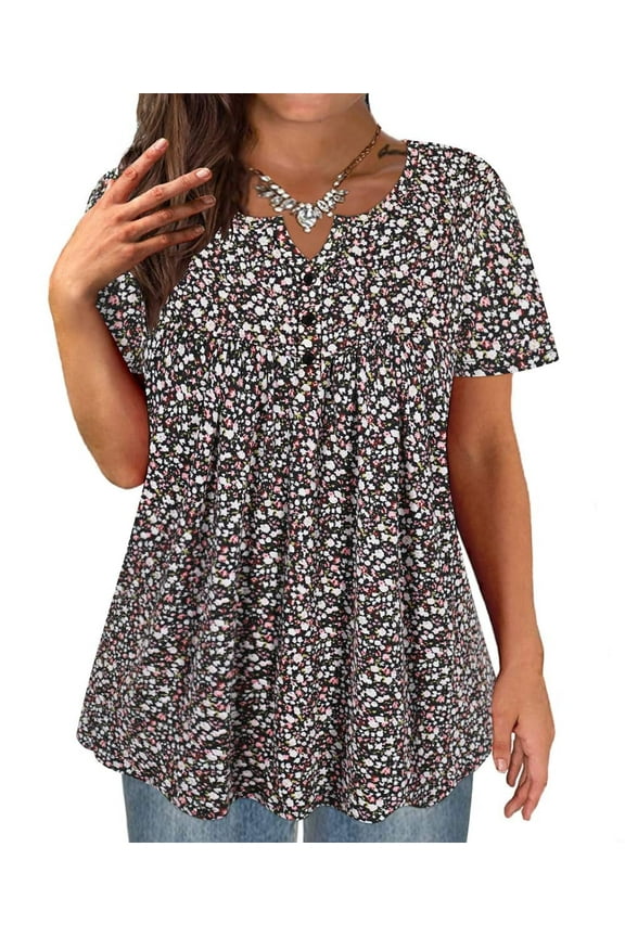 Plus Size Women's Tunic Tops Black Floral Short Sleeve Blouses 2X Buttons Up Henley Blouses Dressy Swing Flowy Shirts Pleated Babydoll Pullover Casual Spring Summer Tunics 2XL 18W 20W