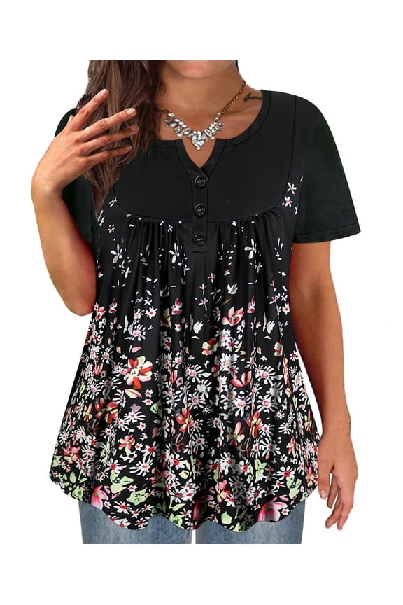 Plus Size Women's Tunic Tops Black Flower Short Sleeve Blouses 2X Henley Blouses Dressy Swing Flowy Shirts Pleated Babydoll Pullover Casual Spring Summer Tunics 2XL 18W 20W
