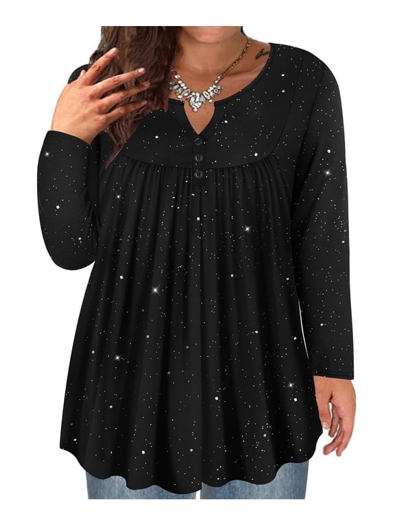 Plus Size Women's Tunic Tops Black Sequin Long Sleeve Blouses 2X Sparkle Henley Blouses Dressy Glitter Shirts Pleated Babydoll Pullover Casual Fall Tunics 2XL 18W 20W