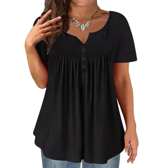 TIYOMI Plus Size Women's Tunic Tops Black Short Sleeve Blouses 2X Buttons Up Henley Blouses Dressy Swing Flowy Shirts Pleated Babydoll Pullover Casual Spring Summer Tunics 2XL 18W 20W