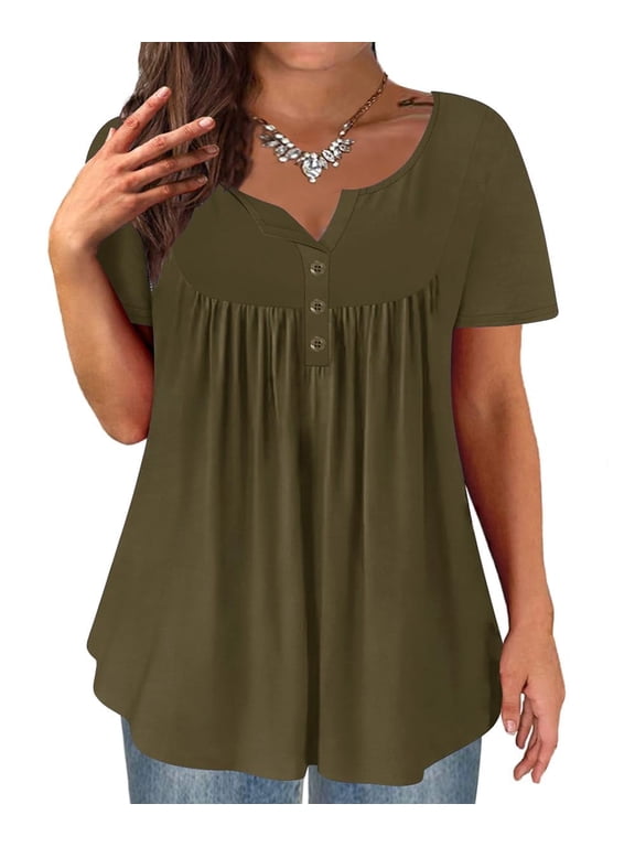 Plus Size Women's Tunic Tops Green Short Sleeve Blouses 2X Buttons Up Henley Blouses Dressy Swing Flowy Shirts Pleated Babydoll Pullover Casual Spring Summer Tunics 2XL 18W 20W