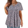 thumbnail image 1 of TIYOMI Plus Size Women's Tunic Tops Pink Flower Short Sleeve Blouses 2X Henley Blouses Dressy Swing Flowy Shirts Pleated Babydoll Grey Casual Spring Summer Tunics 2XL 18W 20W, 1 of 3