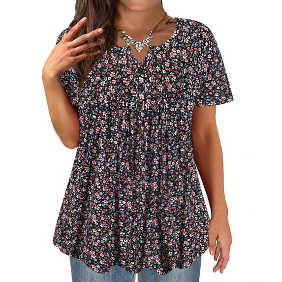 TIYOMI Plus Size Women's Tunic Tops Purple Flower Short Sleeve Blouses 2X Henley Blouses Dressy Swing Flowy Shirts Pleated Babydoll Floral Casual Spring Summer Tunics 2XL 18W 20W
